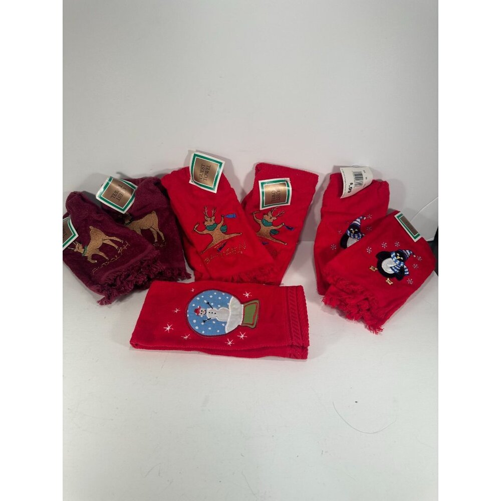 LOT of 7 Red Holiday Hand Towels (Raindeers, Snow Globe, Penguins), New, unused.